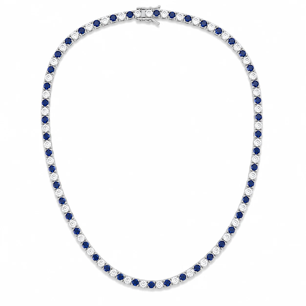 16-inch rhodium-finished tennis necklace with alternating sapphire blue and clear cubic zirconia