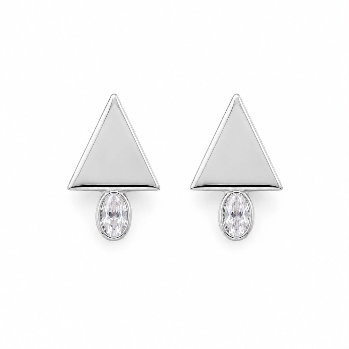 Geometric triangle and oval cubic zirconia stud earrings in rhodium finish