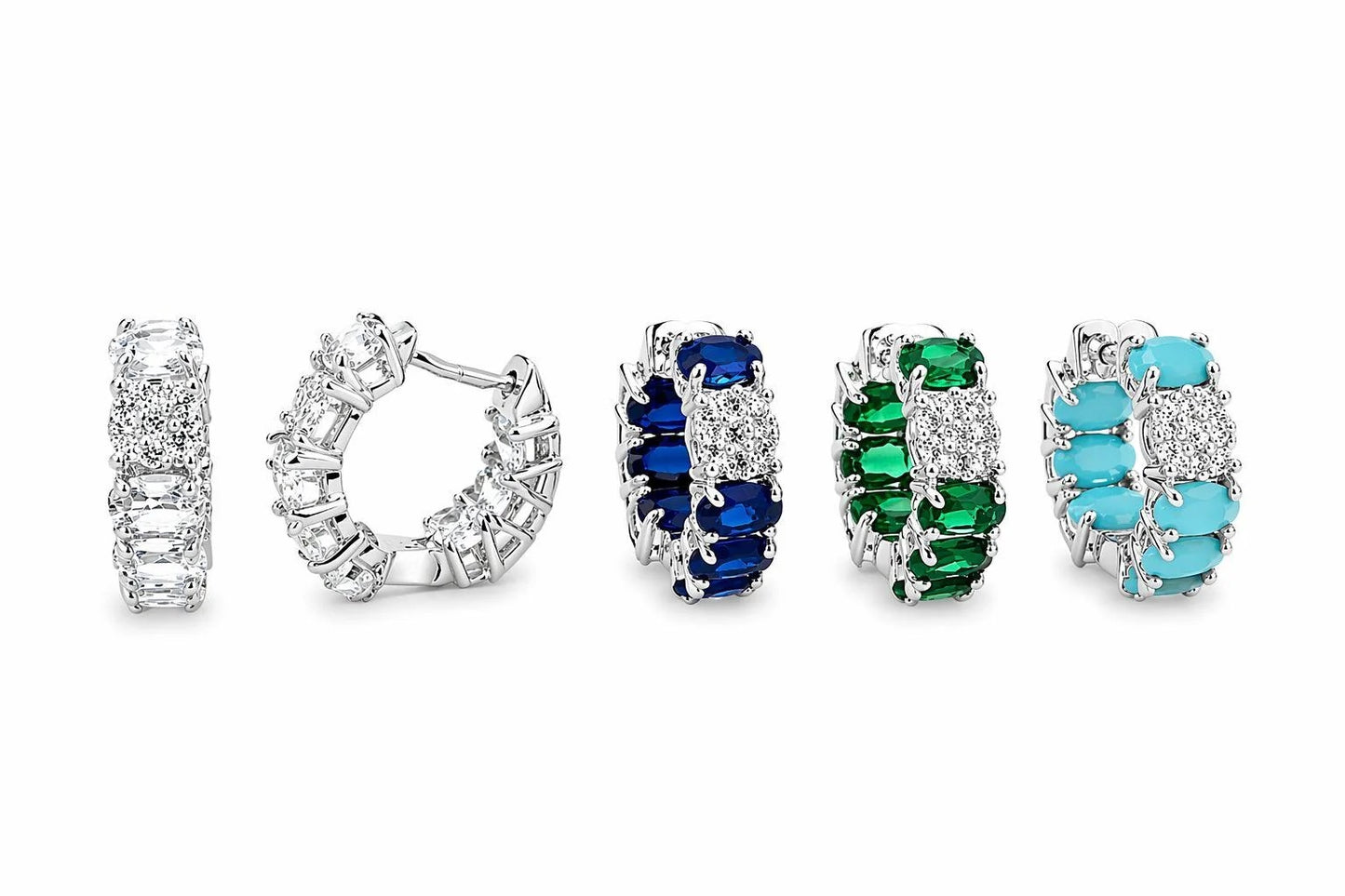 Pavé and oval CZ huggie hoop earrings in rhodium finish with clear blue green and turquoise colors