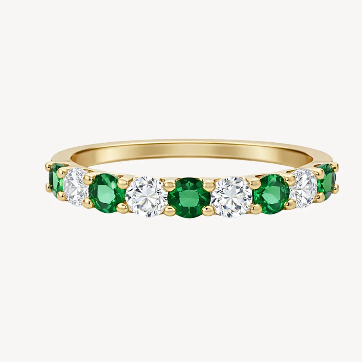 14K yellow gold ring with alternating natural diamonds and emeralds