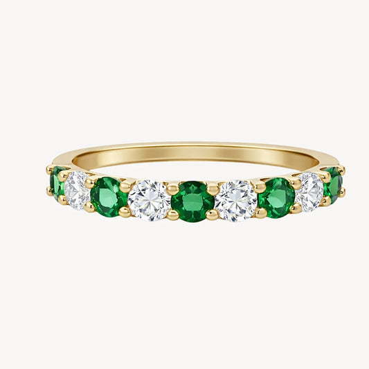 14K yellow gold ring with alternating natural diamonds and emeralds