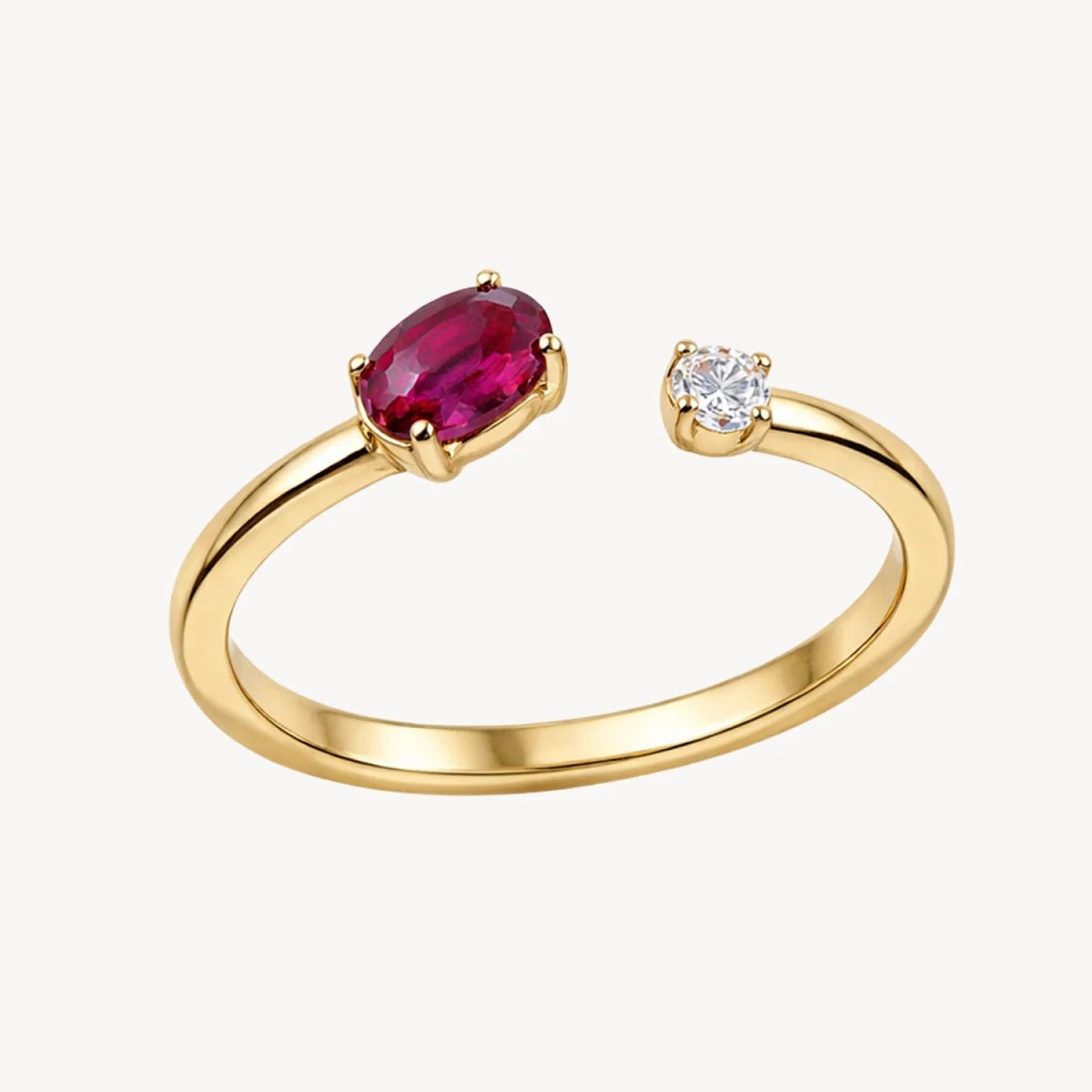 14K yellow gold bypass ring with natural oval ruby and round diamond