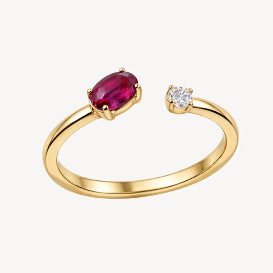 14K yellow gold bypass ring with natural oval ruby and round diamond