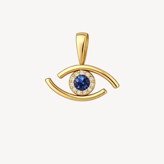 14K yellow gold eye pendant with natural blue sapphire and diamond halo