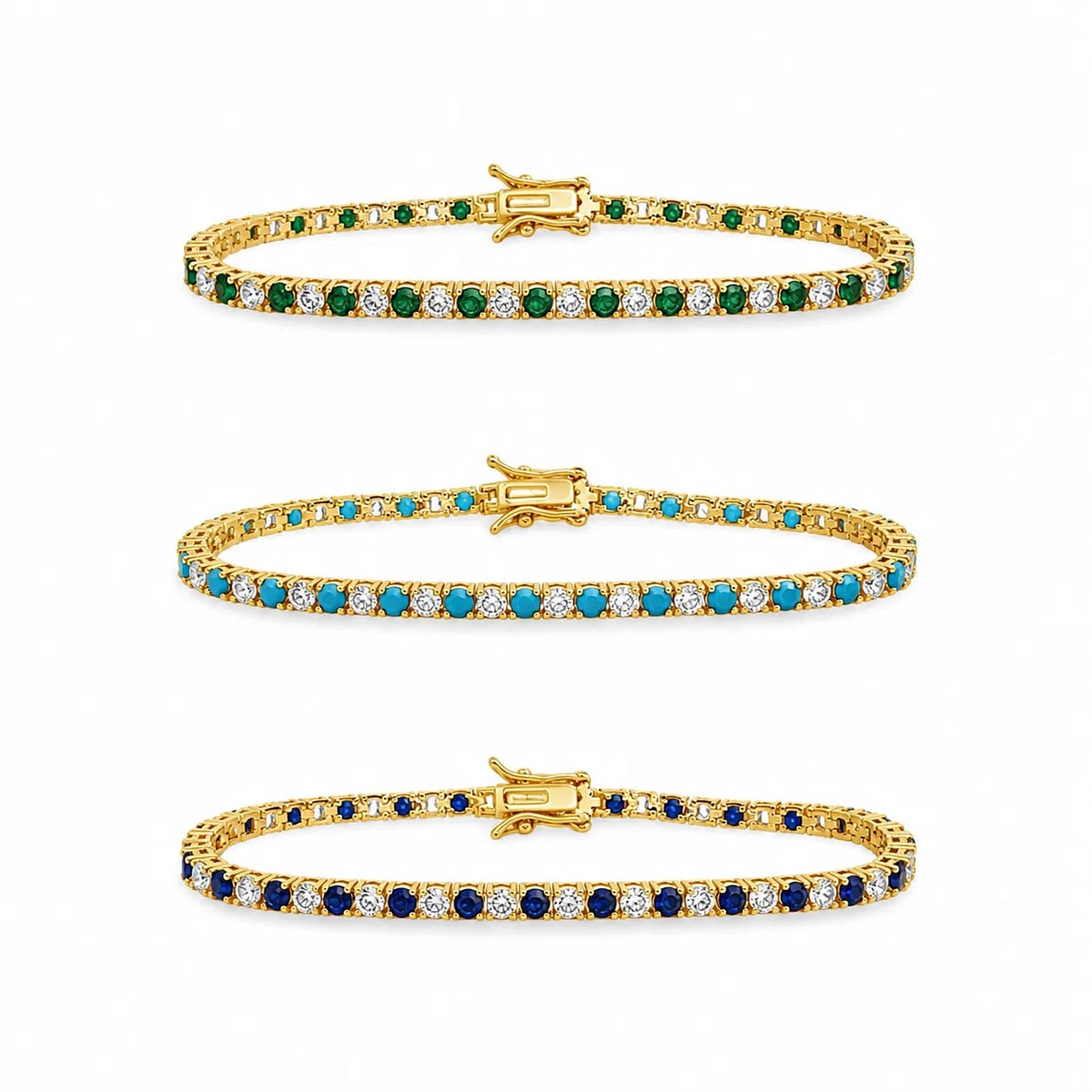 Gold-finished 3mm CZ tennis bracelets in emerald, turquoise and sapphire colors