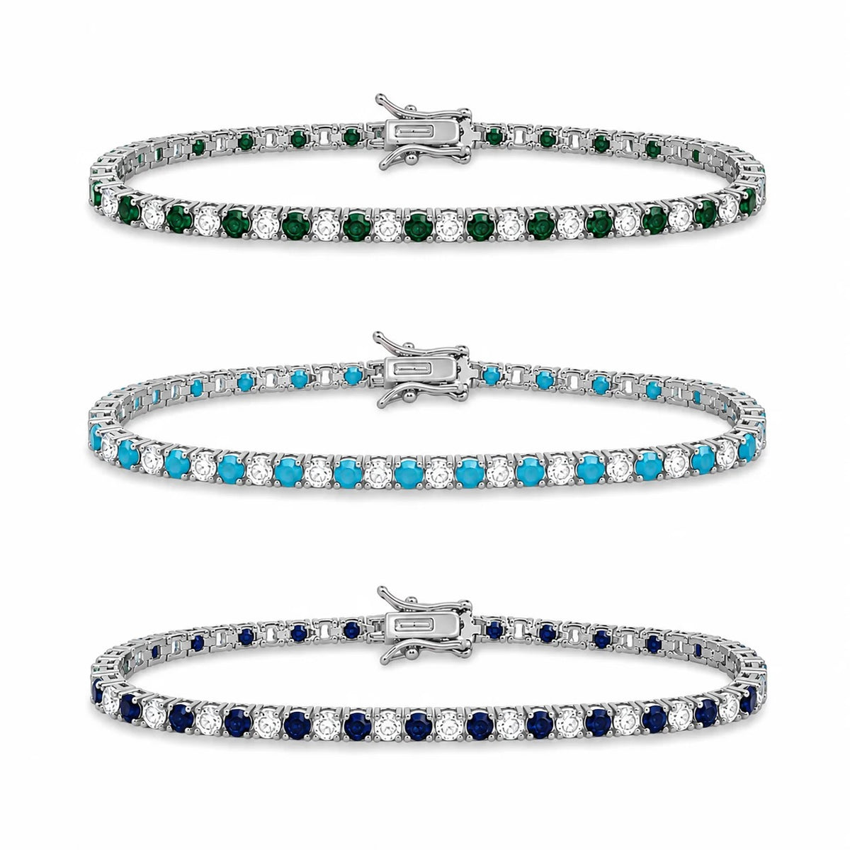 Rhodium-finished 3mm CZ tennis bracelets in emerald, turquoise and sapphire colors