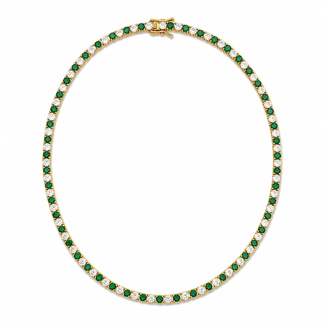 16-inch gold-finished tennis necklace with alternating emerald green and clear cubic zirconia