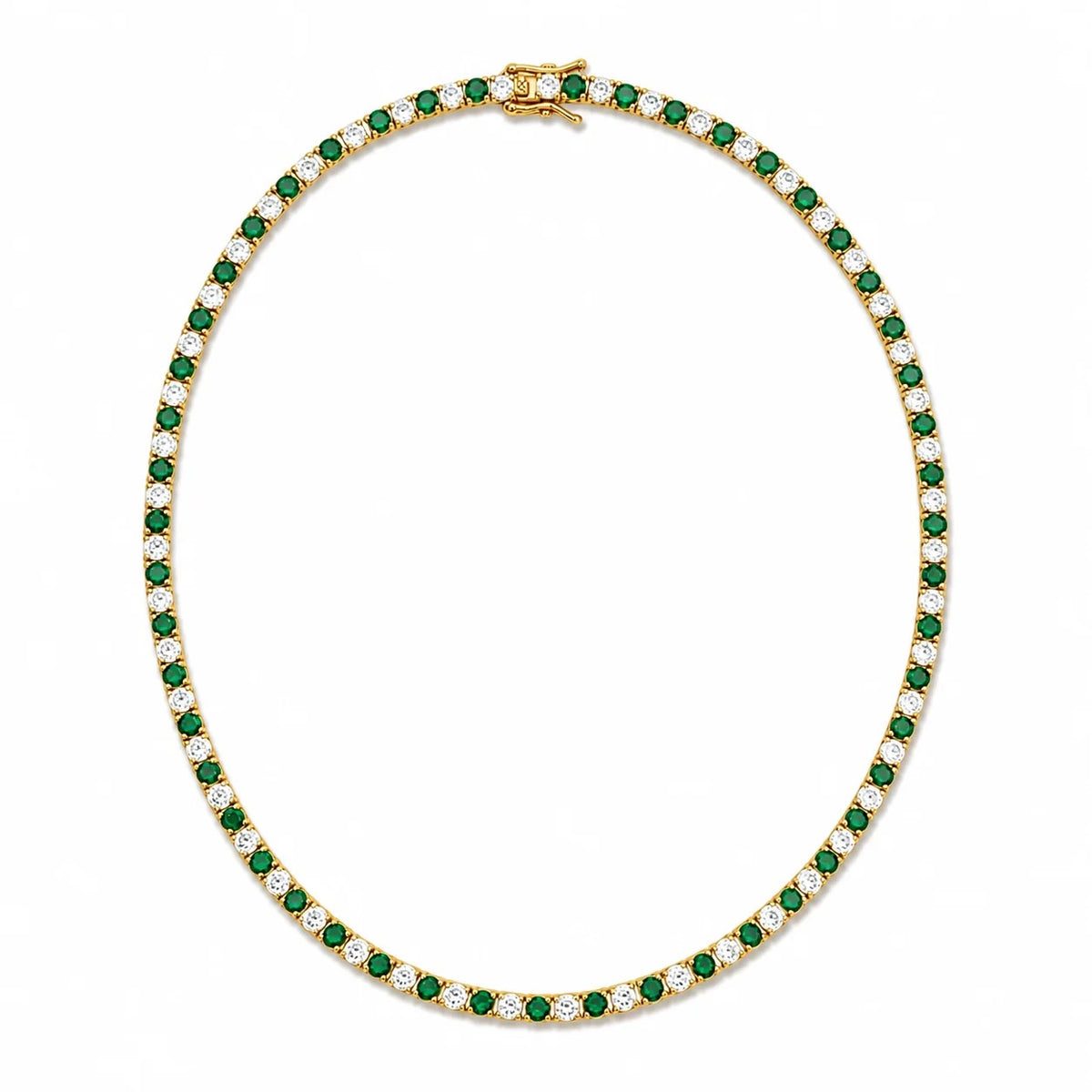 16-inch gold-finished tennis necklace with alternating emerald green and clear cubic zirconia