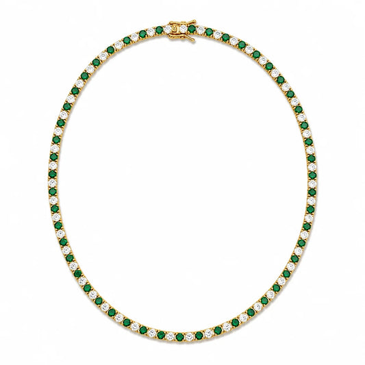16-inch gold-finished tennis necklace with alternating emerald green and clear cubic zirconia