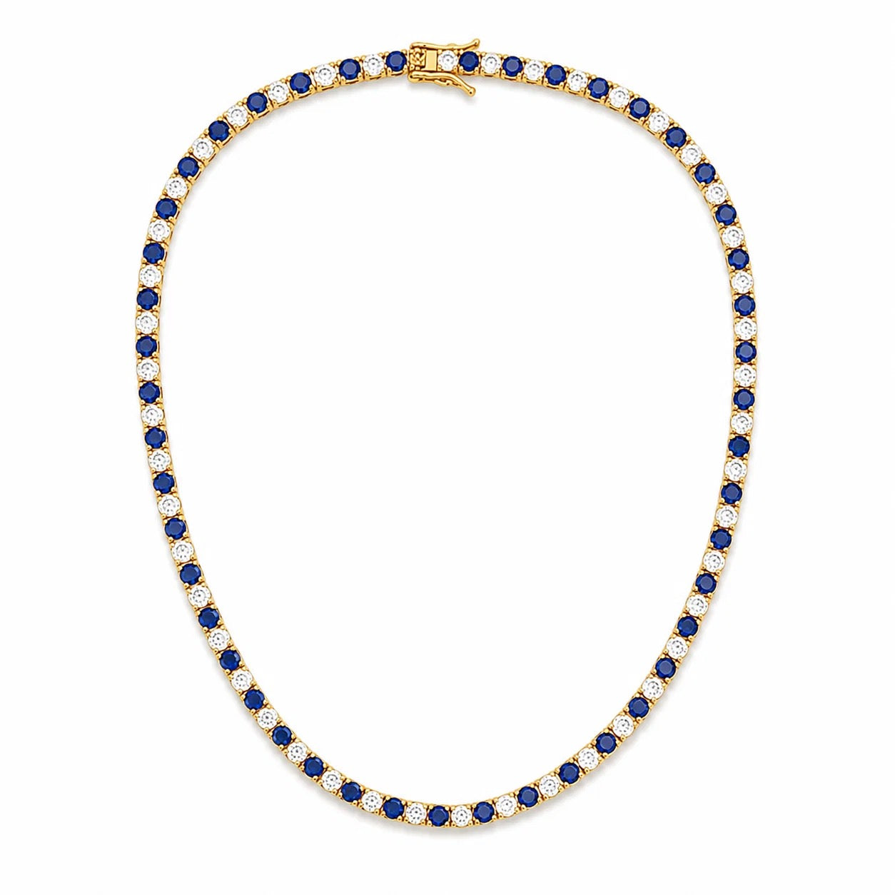16-inch gold-finished tennis necklace with alternating sapphire blue and clear cubic zirconia