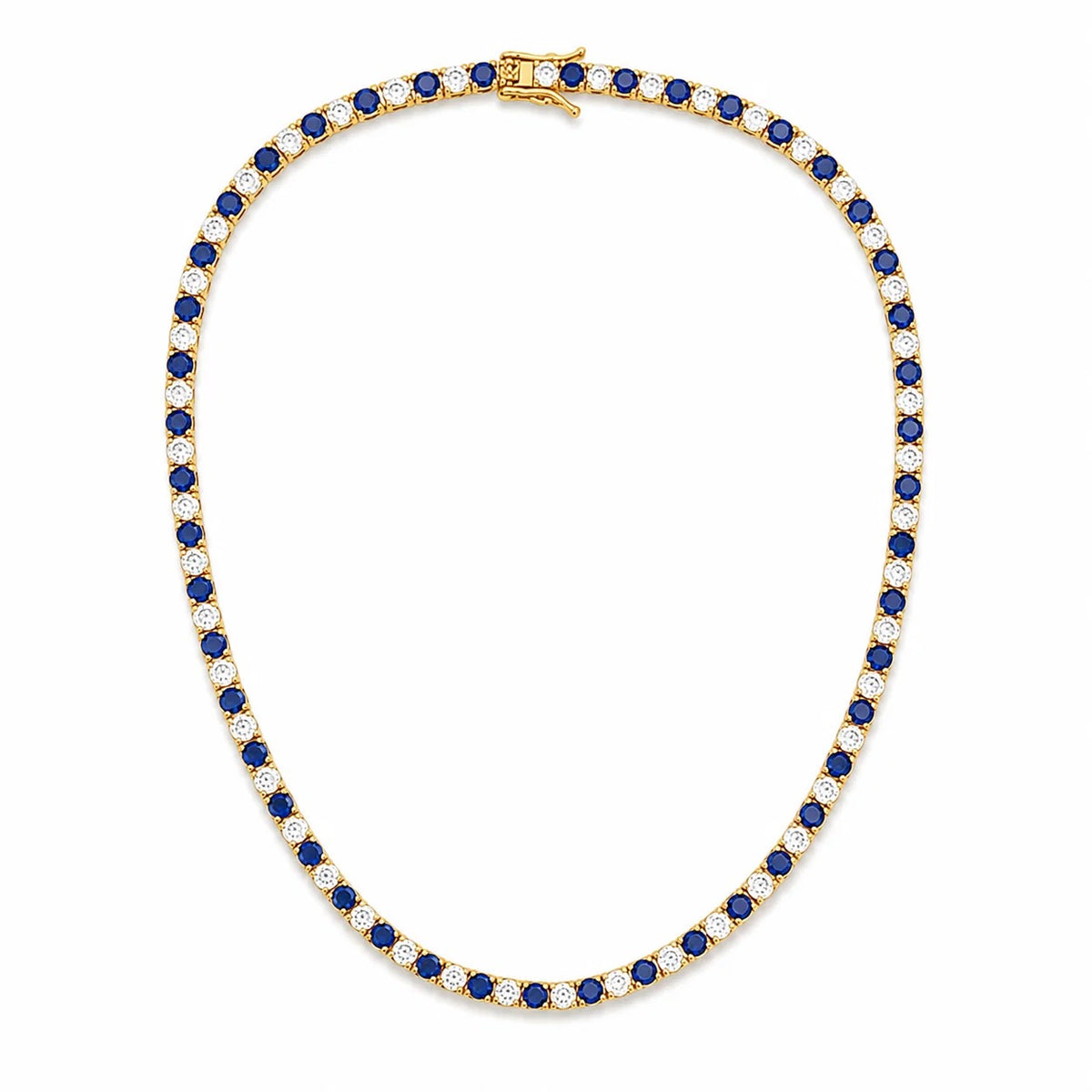 16-inch gold-finished tennis necklace with alternating sapphire blue and clear cubic zirconia
