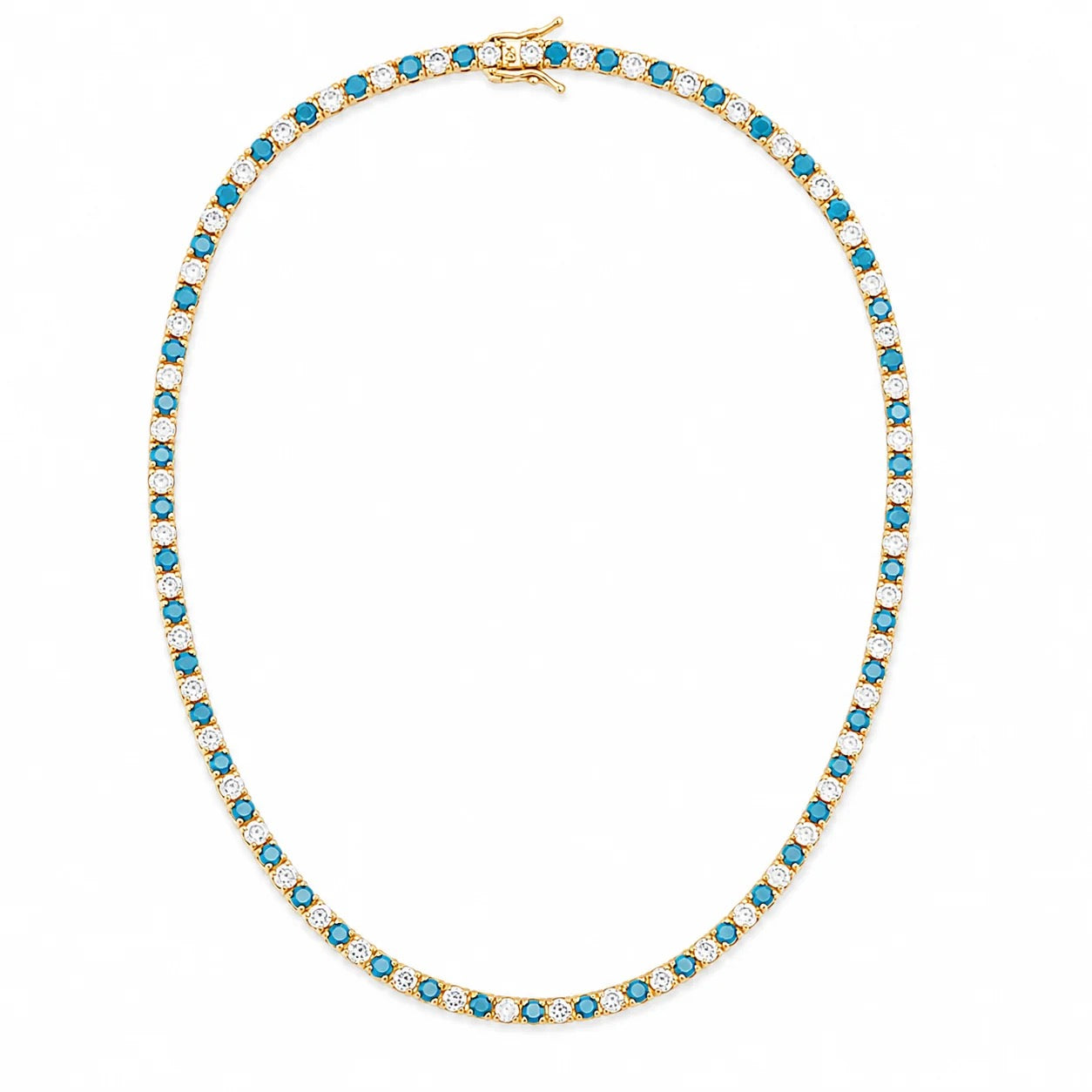 16-inch gold-finished tennis necklace with alternating turquoise and clear cubic zirconia