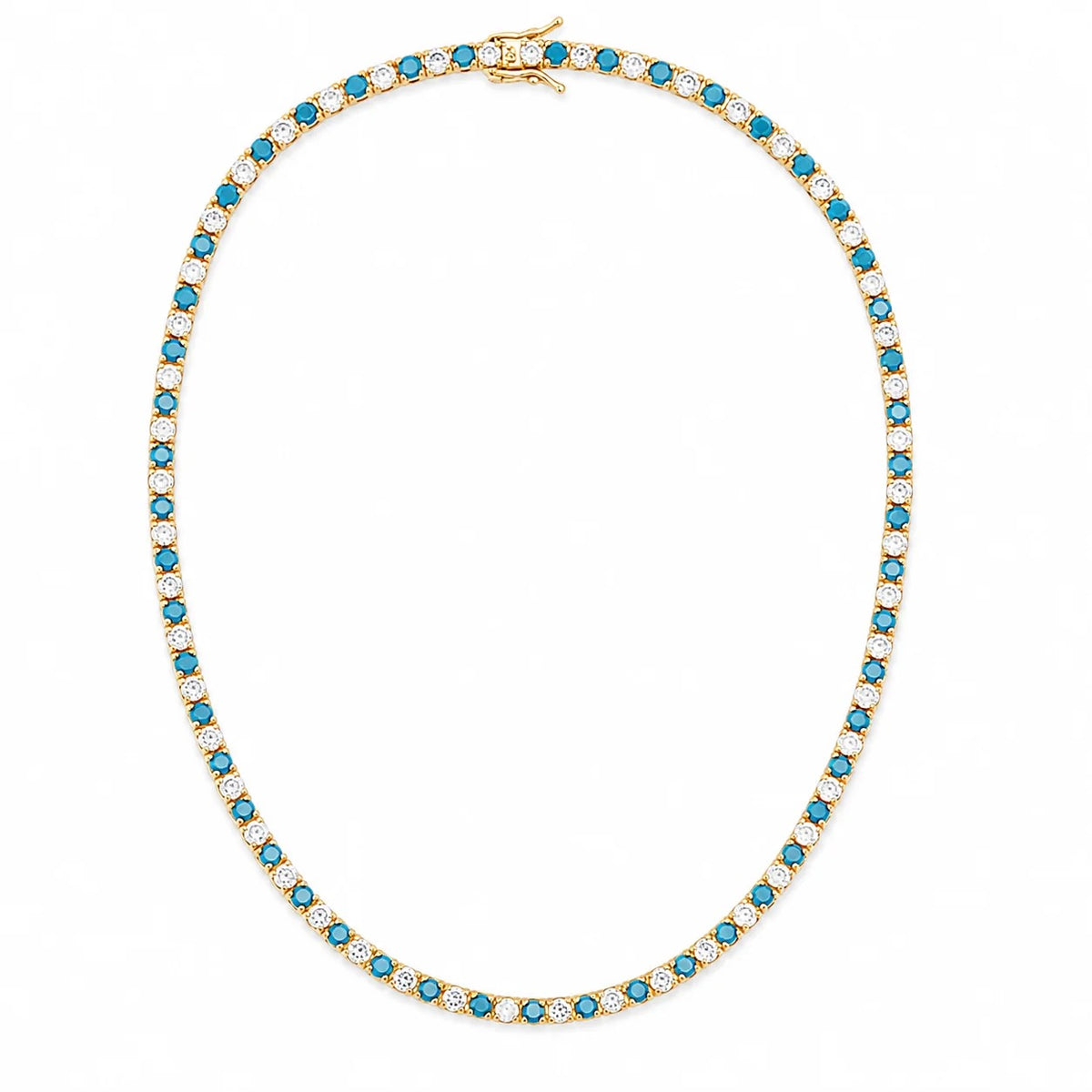 16-inch gold-finished tennis necklace with alternating turquoise and clear cubic zirconia