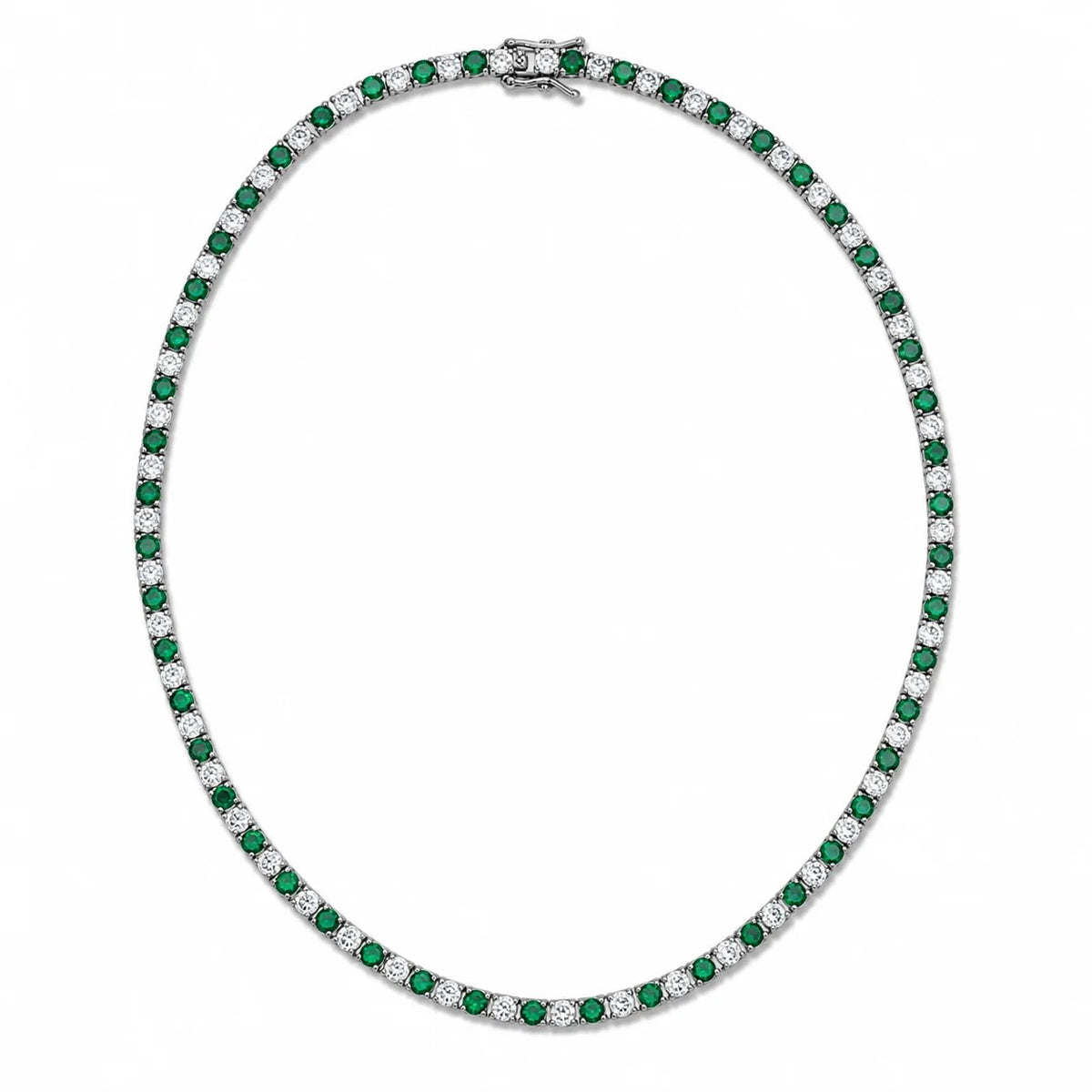 16-inch rhodium-finished tennis necklace with alternating emerald green and clear cubic zirconia