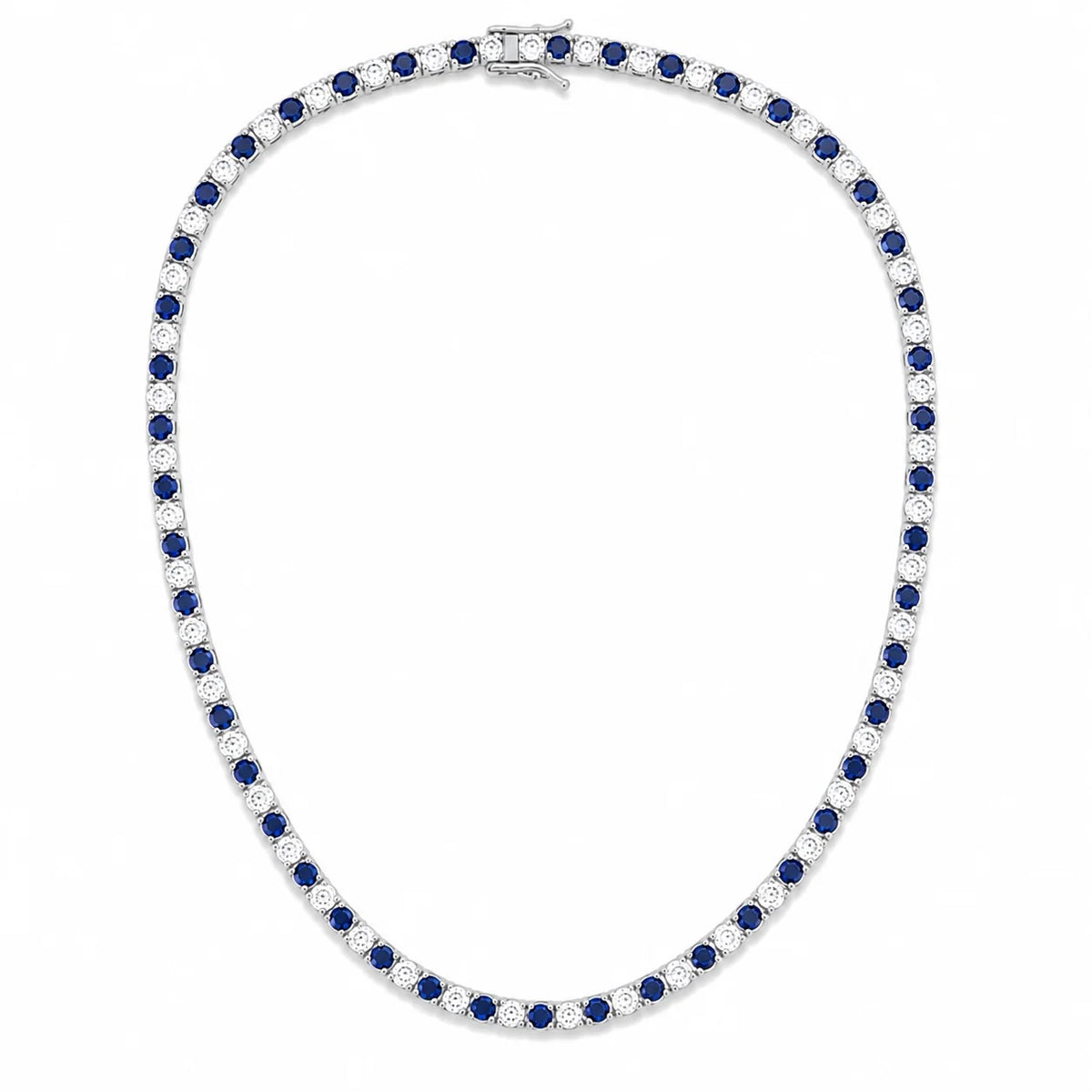 16-inch rhodium-finished tennis necklace with alternating sapphire blue and clear cubic zirconia