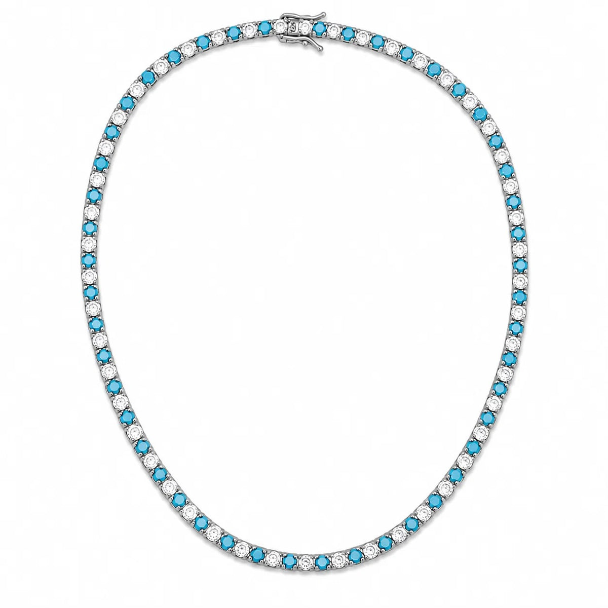16-inch rhodium-finished tennis necklace with alternating turquoise and clear cubic zirconia