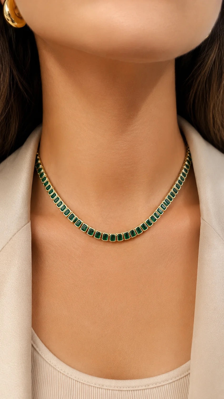6mm green CZ baguette tennis necklace worn on model
