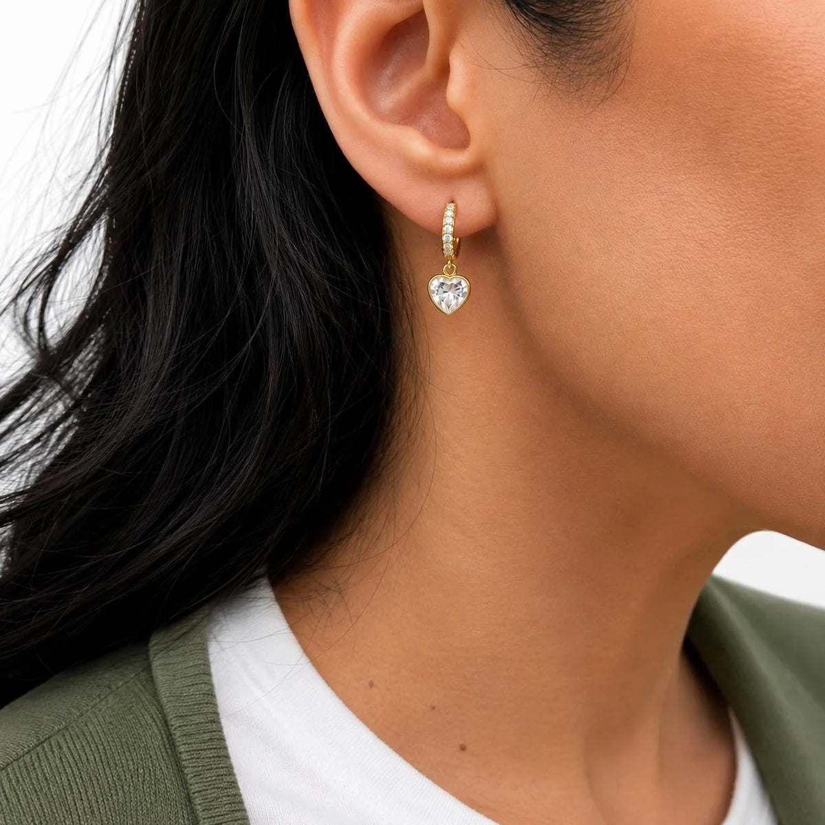 Pave Huggie Earrings with Heart Cut CZ Drop