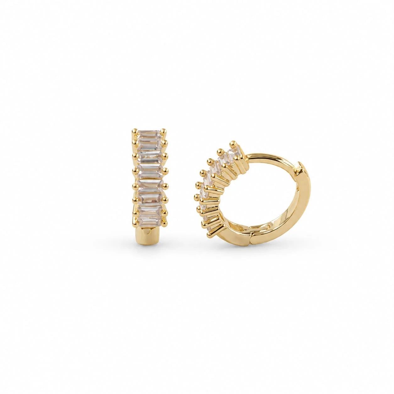 Hand-set baguette cubic zirconia huggie earrings in 18K gold-filled finish