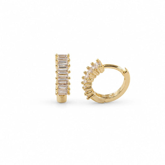Hand-set baguette cubic zirconia huggie earrings in 18K gold-filled finish