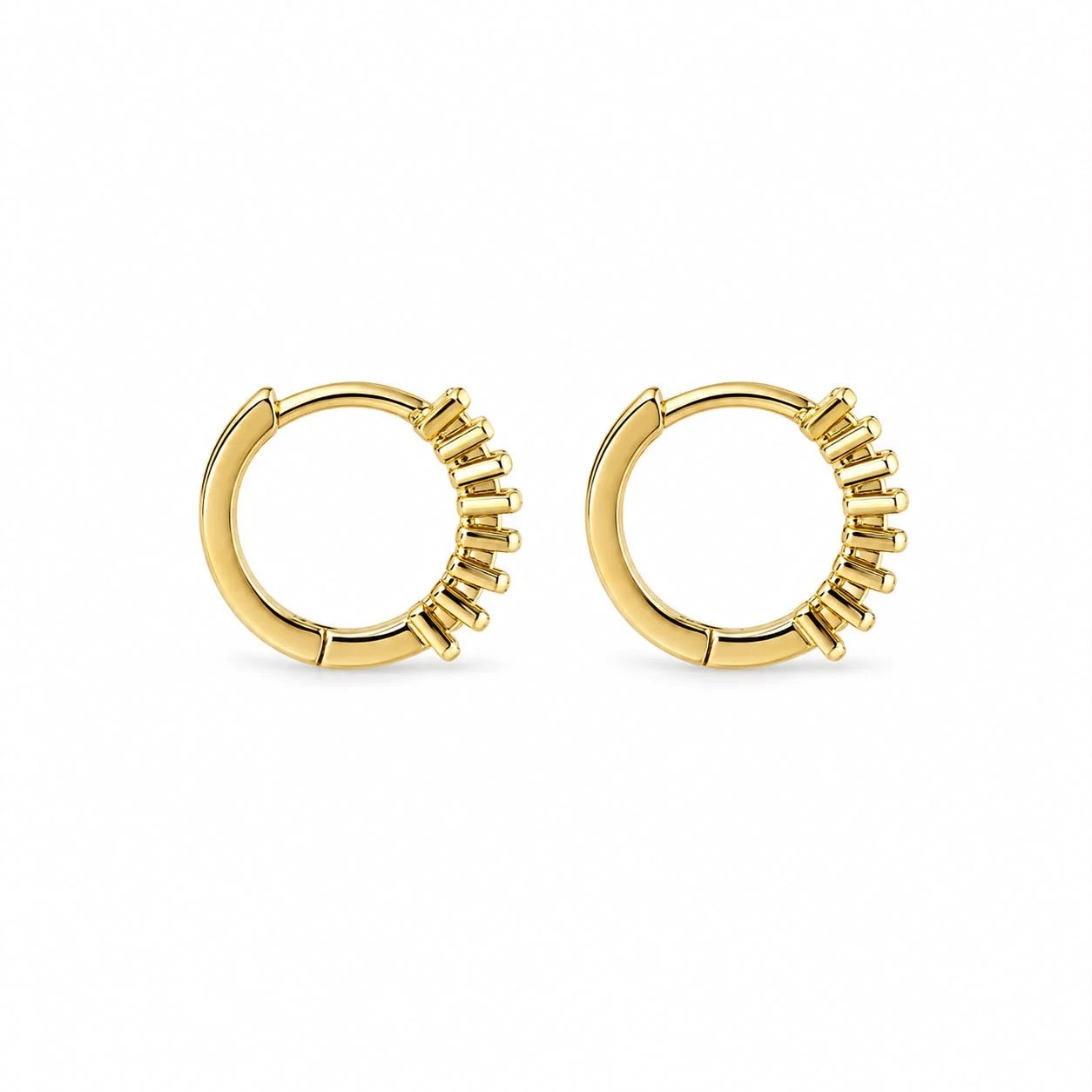 Back view of gold-filled baguette CZ huggie hoop earrings