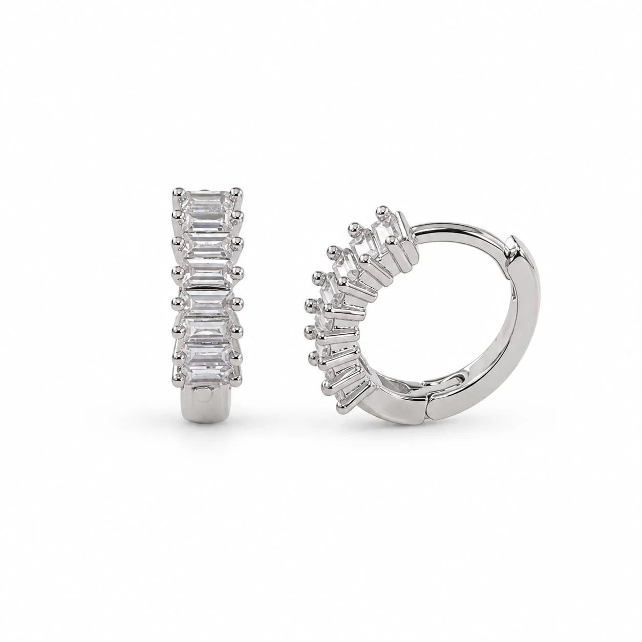 Rhodium-filled clear baguette CZ huggie hoop earrings