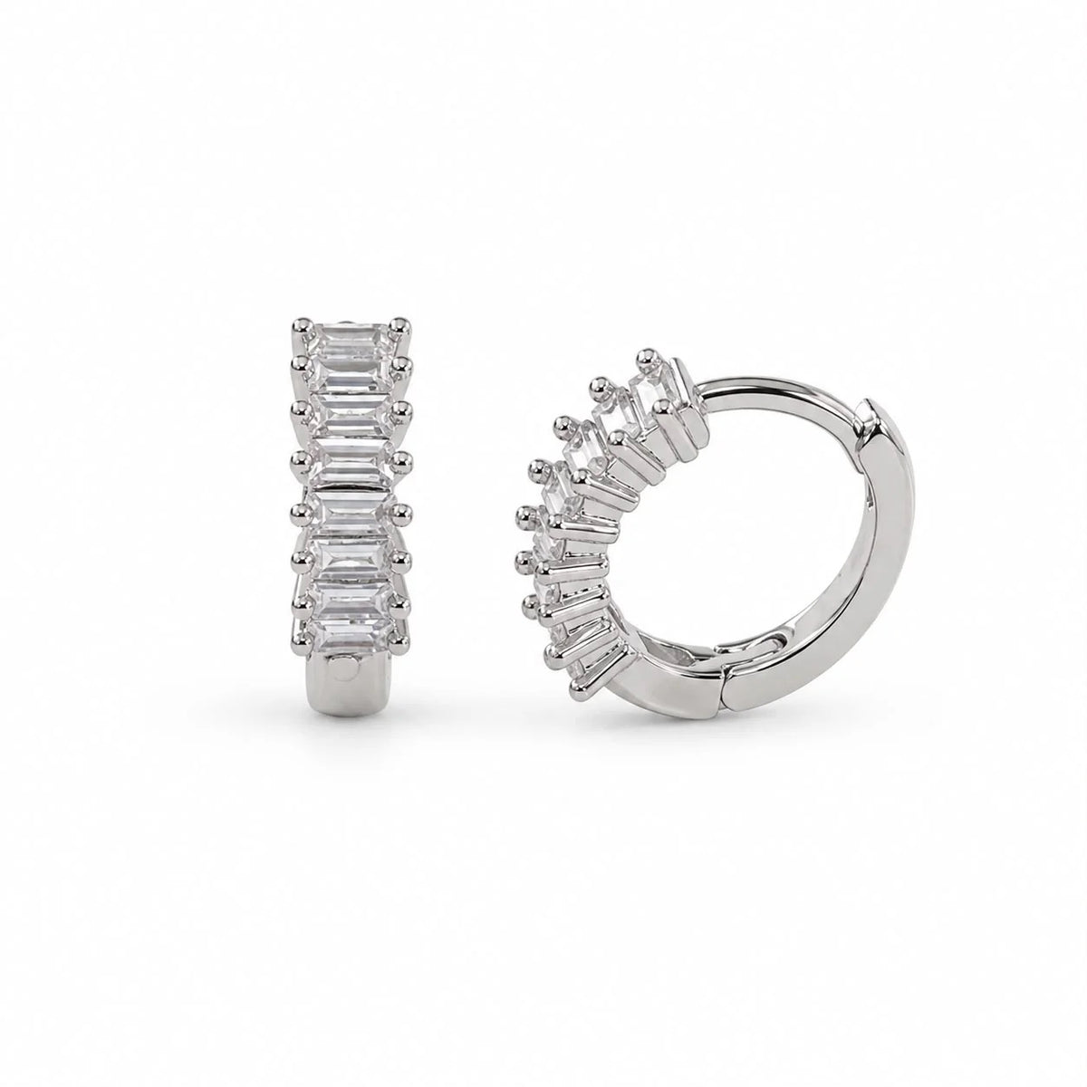 Rhodium-filled clear baguette CZ huggie hoop earrings