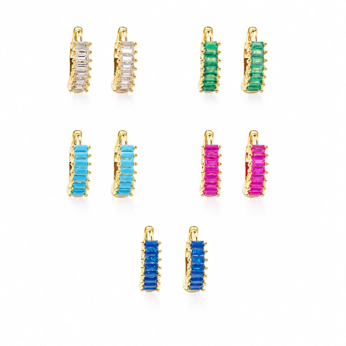 Gold-filled baguette CZ huggie earrings in five colors