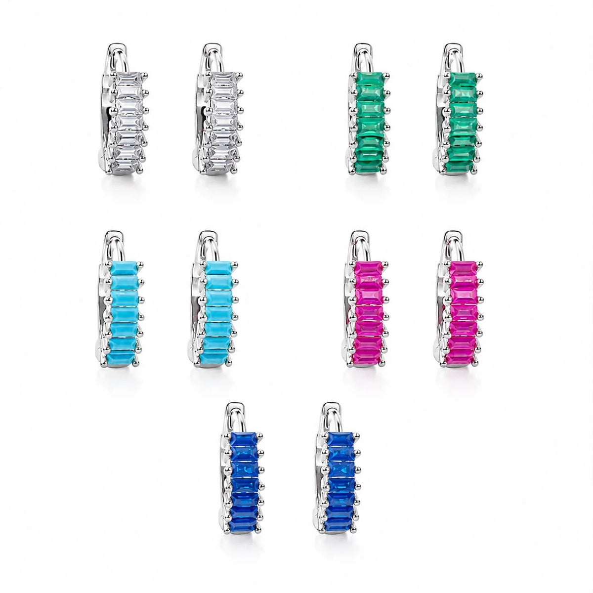 Rhodium-filled baguette CZ huggie earrings in five colors