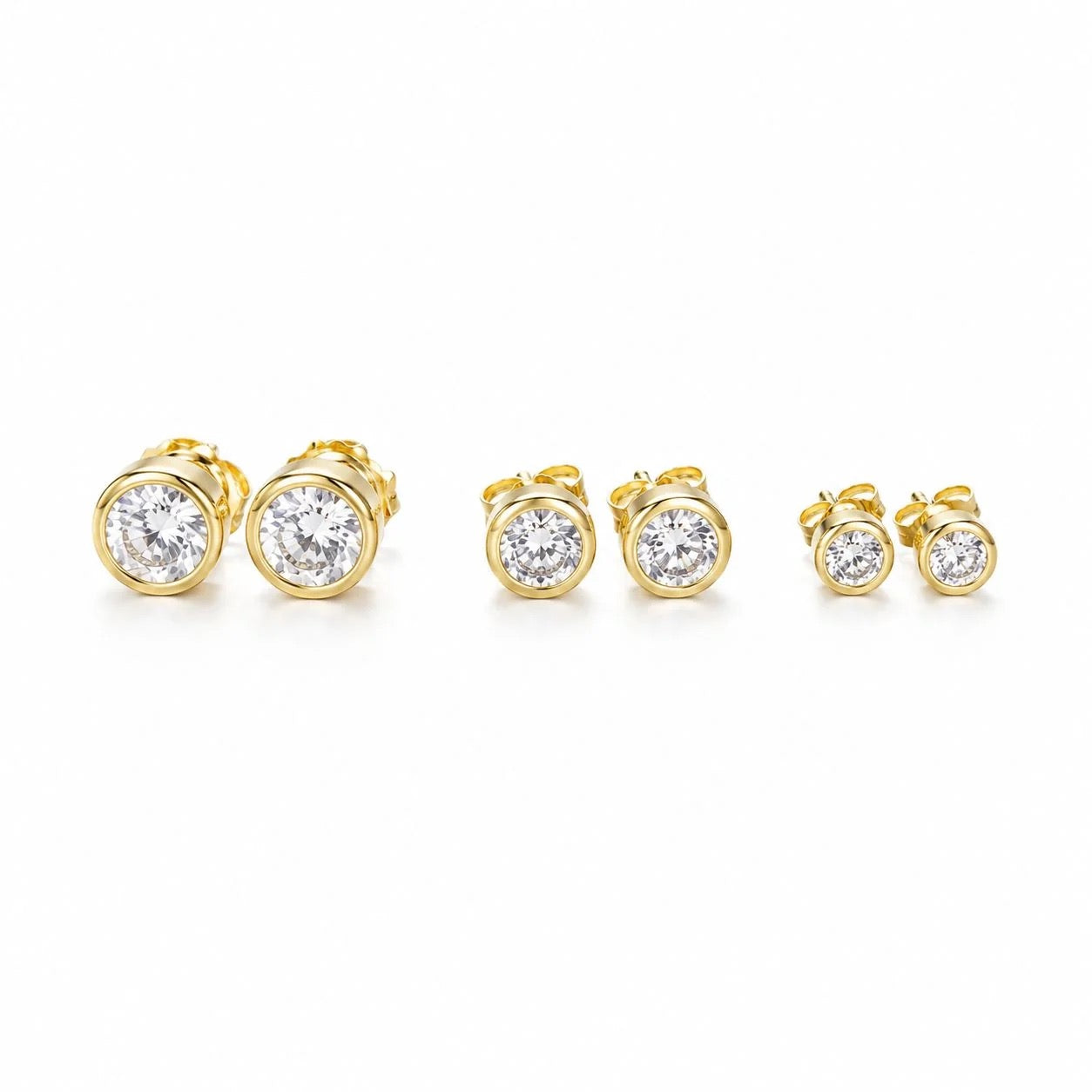 Classic bezel cubic zirconia stud earrings in gold finish, three sizes