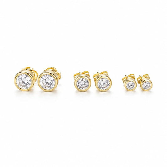Classic bezel cubic zirconia stud earrings in gold finish, three sizes