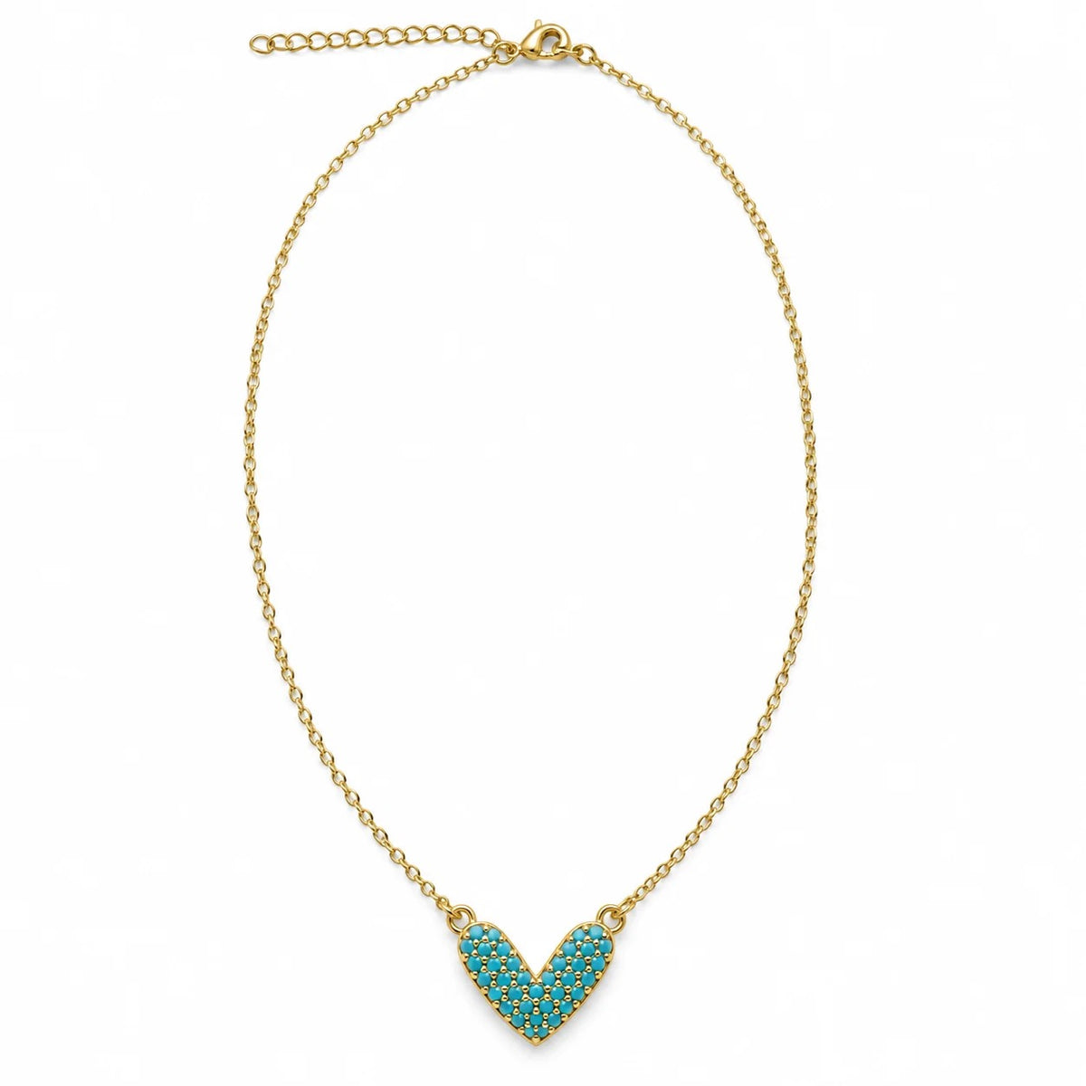 SR OF GOLD CORA gold-filled necklace with a turquoise-colored heart on a white background.