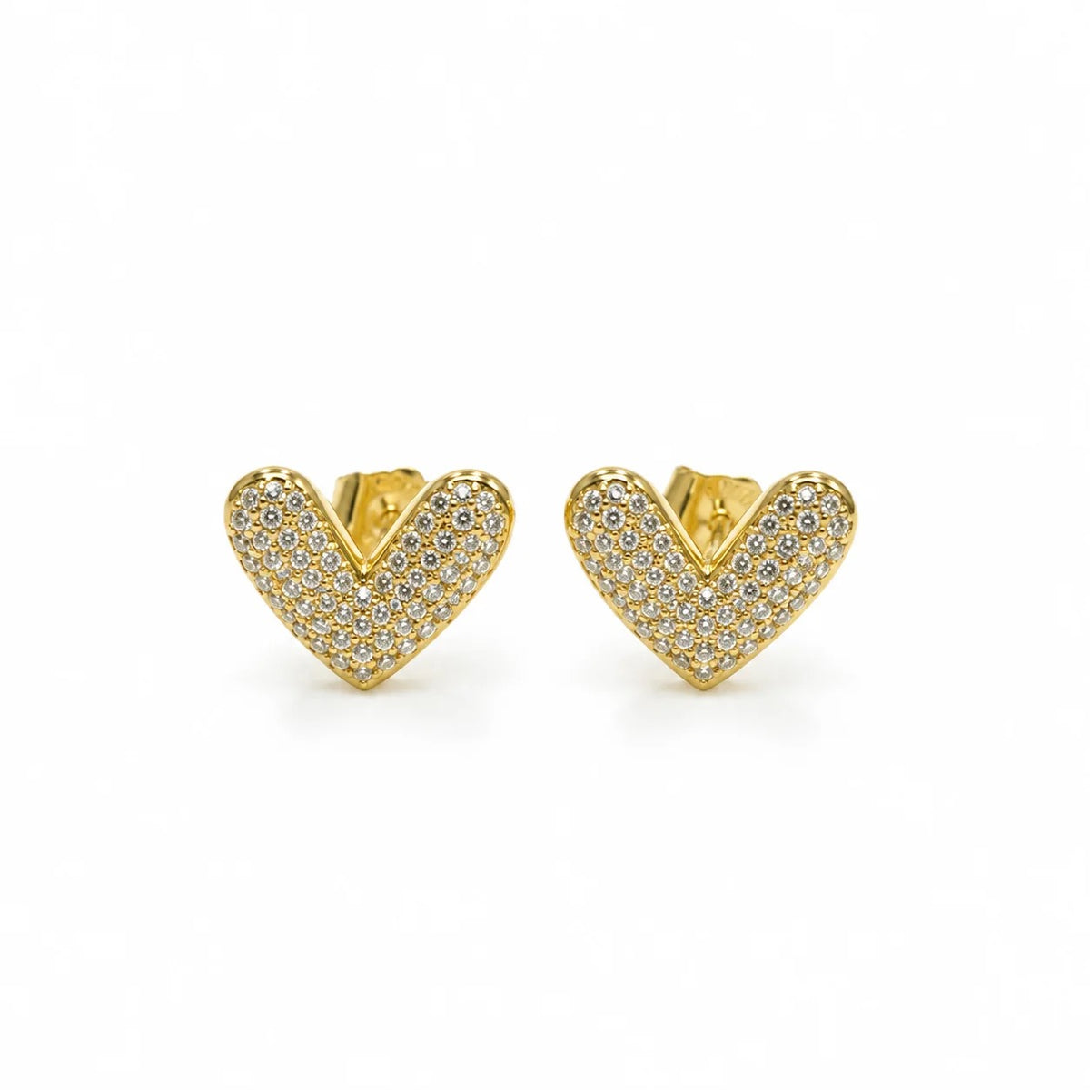 Pair of SR OF GOLD CORA gold-filled heart stud earrings with clear accents on white.