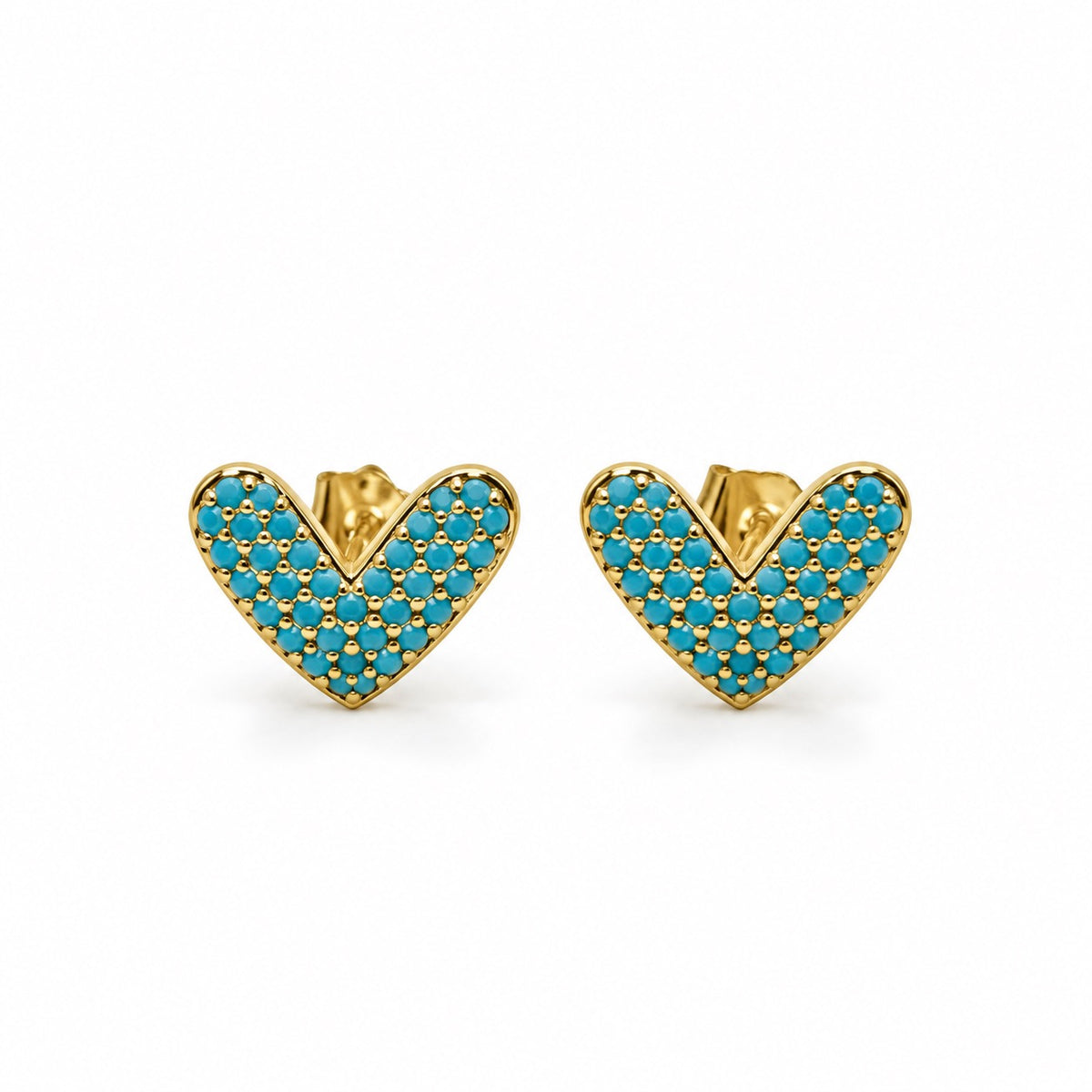 Pair of SR OF GOLD CORA gold-filled heart studs with turquoise-colored accents on white.