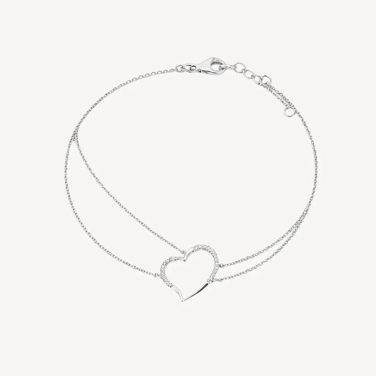 14K white gold double chain bracelet with open diamond heart