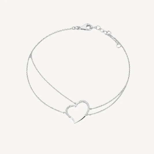 14K white gold double chain bracelet with open diamond heart