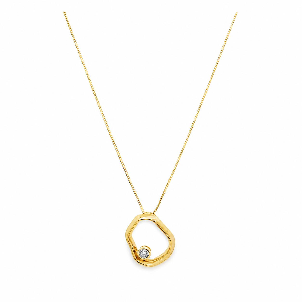 Geometric open circle cubic zirconia pendant necklace on a pure white background