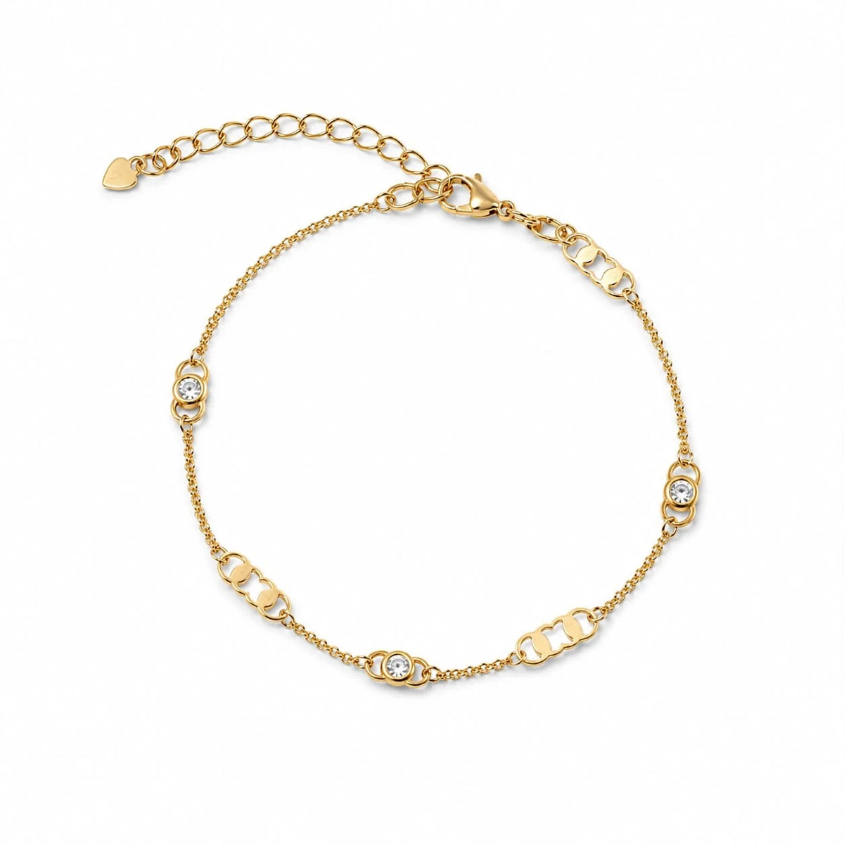Geometric link and bezel cubic zirconia station bracelet in gold finish