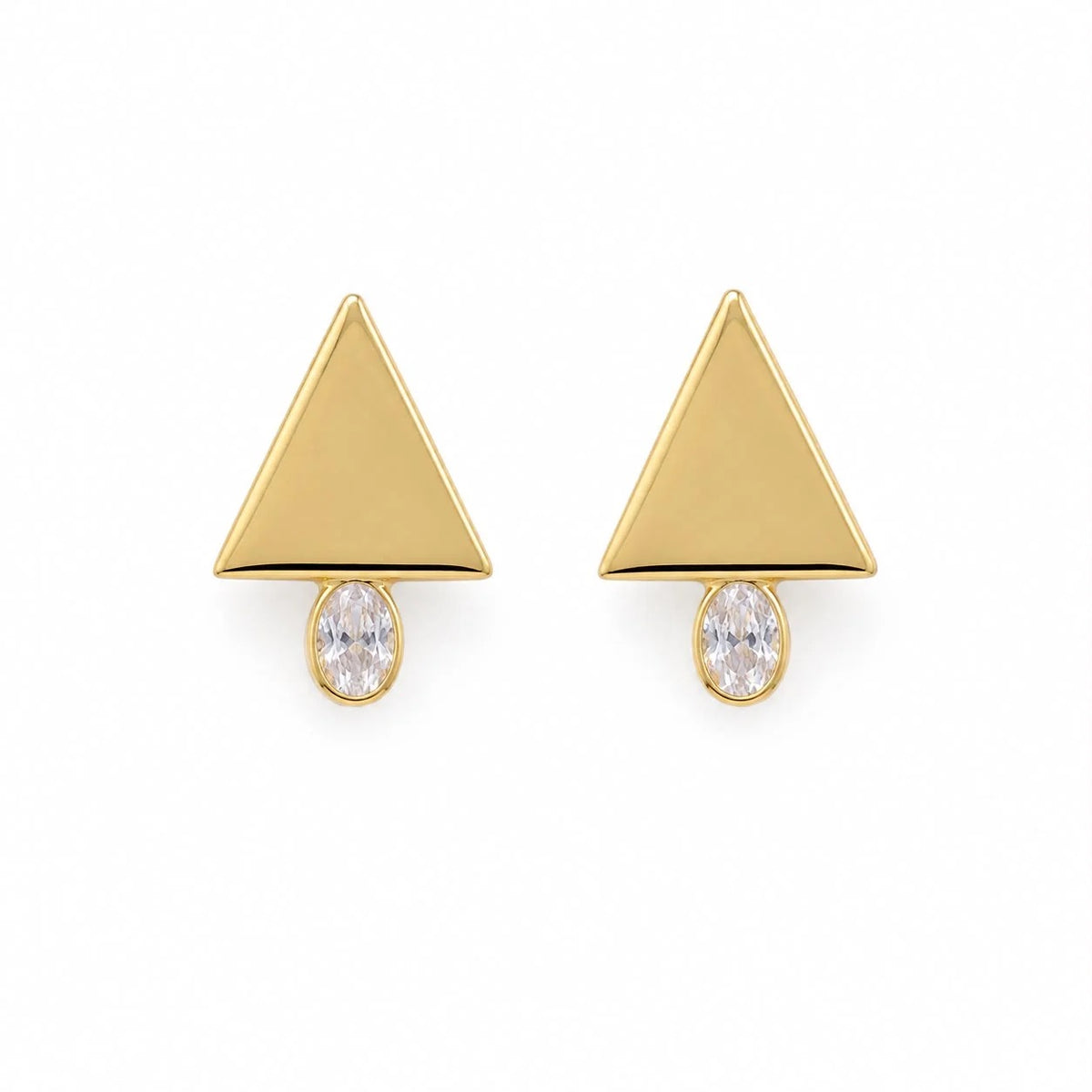 Geometric triangle and oval cubic zirconia stud earrings in gold finish