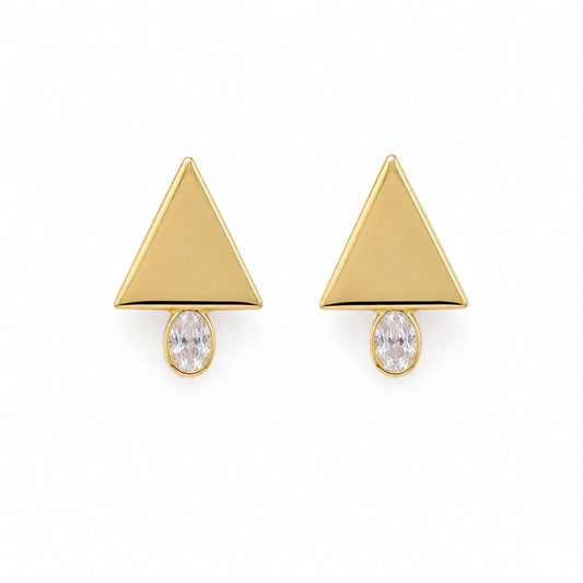 Geometric triangle and oval cubic zirconia stud earrings in gold finish