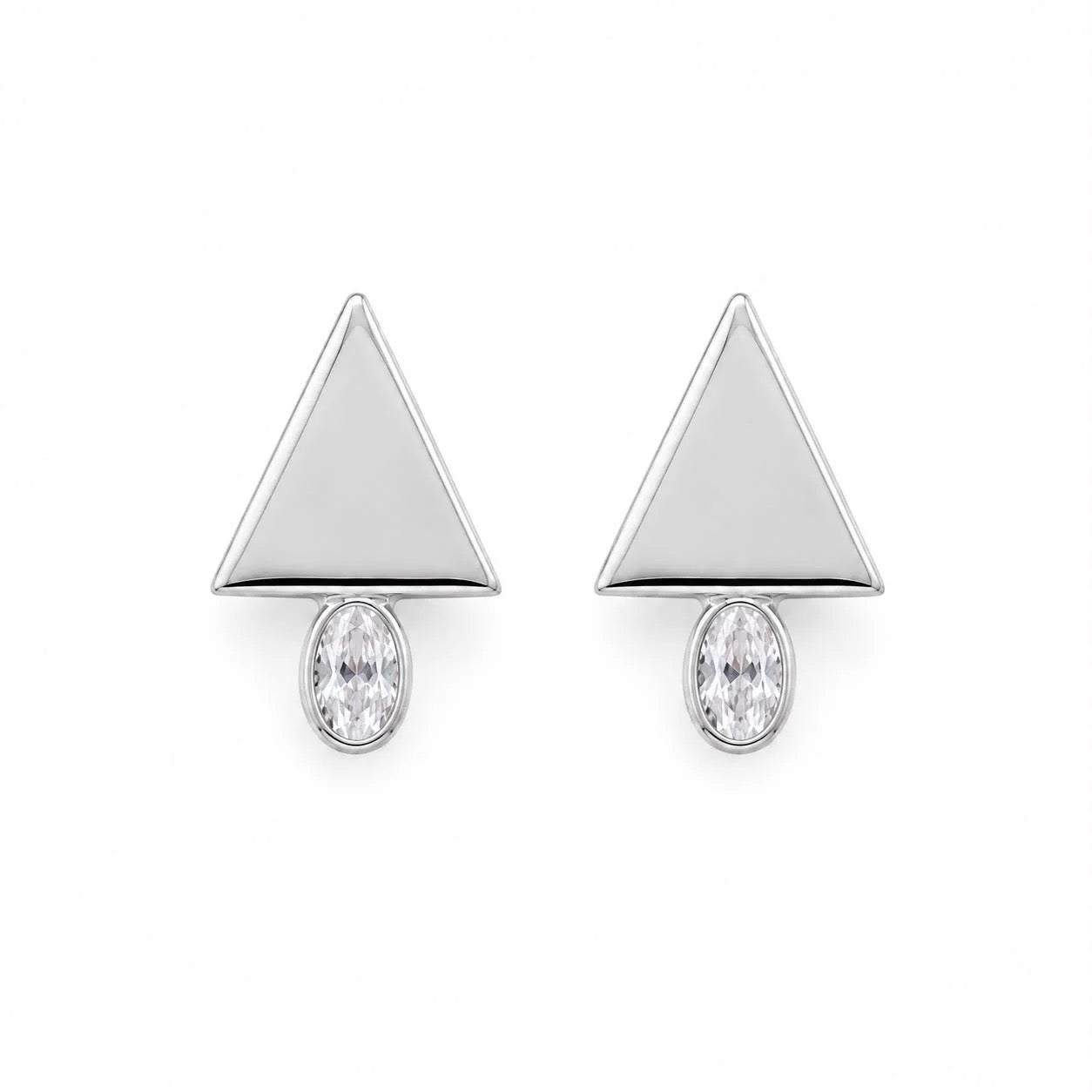 Geometric triangle and oval cubic zirconia stud earrings in rhodium finish