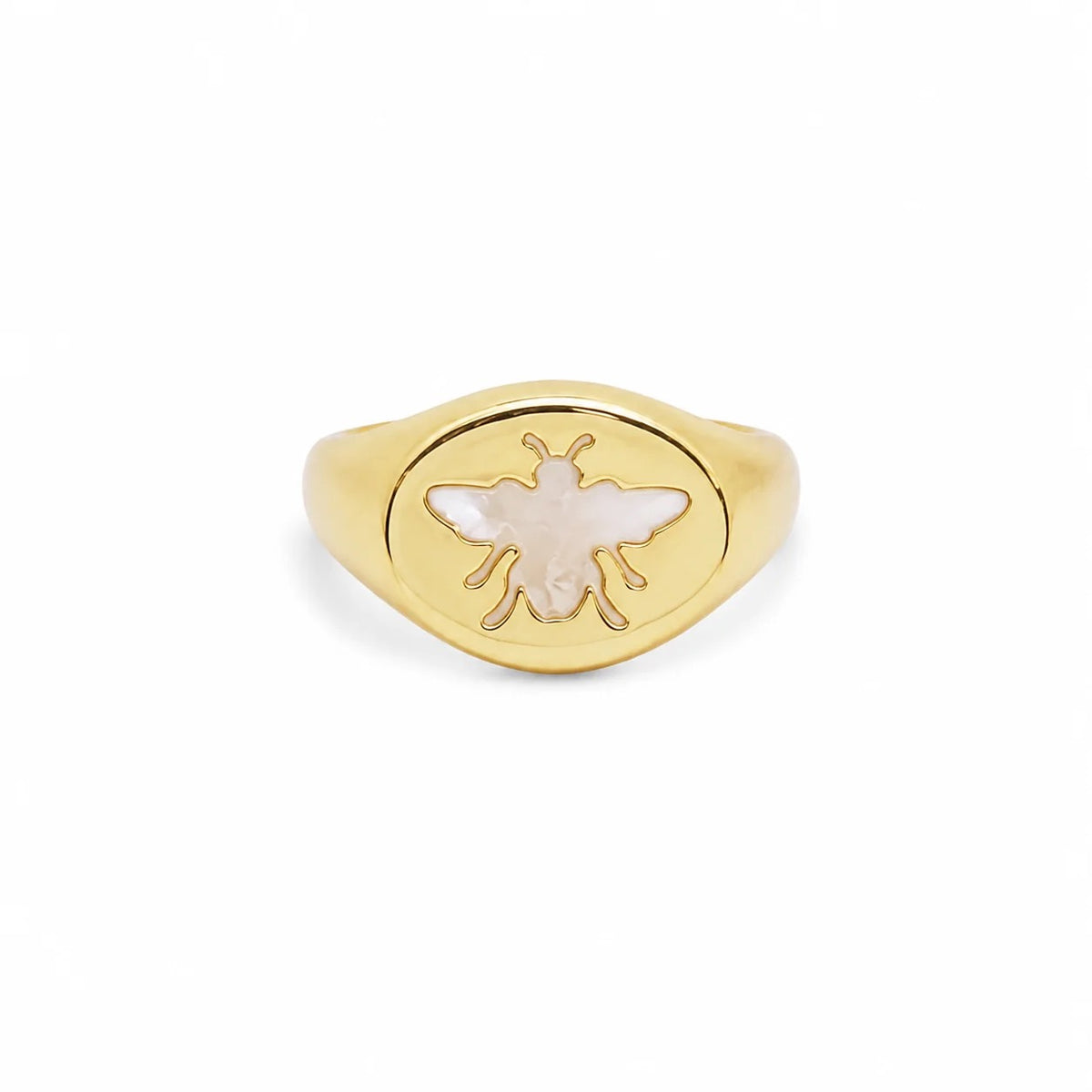 Gold-filled mother of pearl bee signet ring