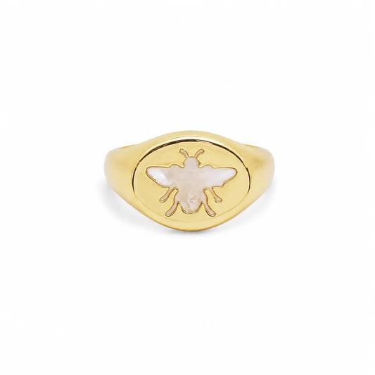 Gold-filled mother of pearl bee signet ring
