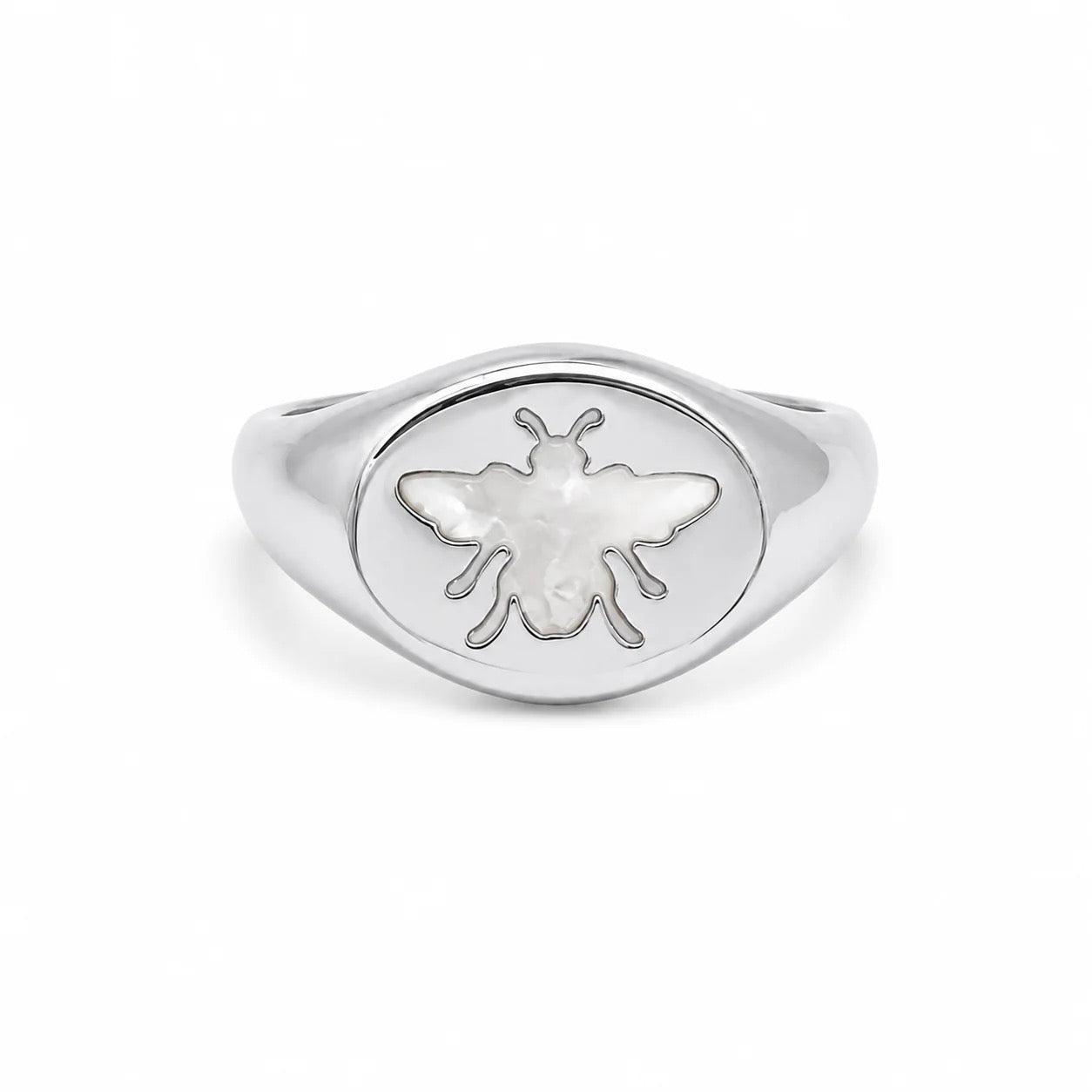 Rhodium-filled mother of pearl bee signet ring