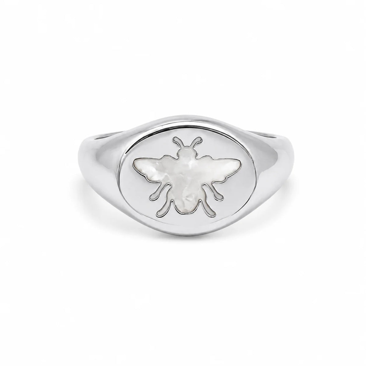 Rhodium-filled mother of pearl bee signet ring