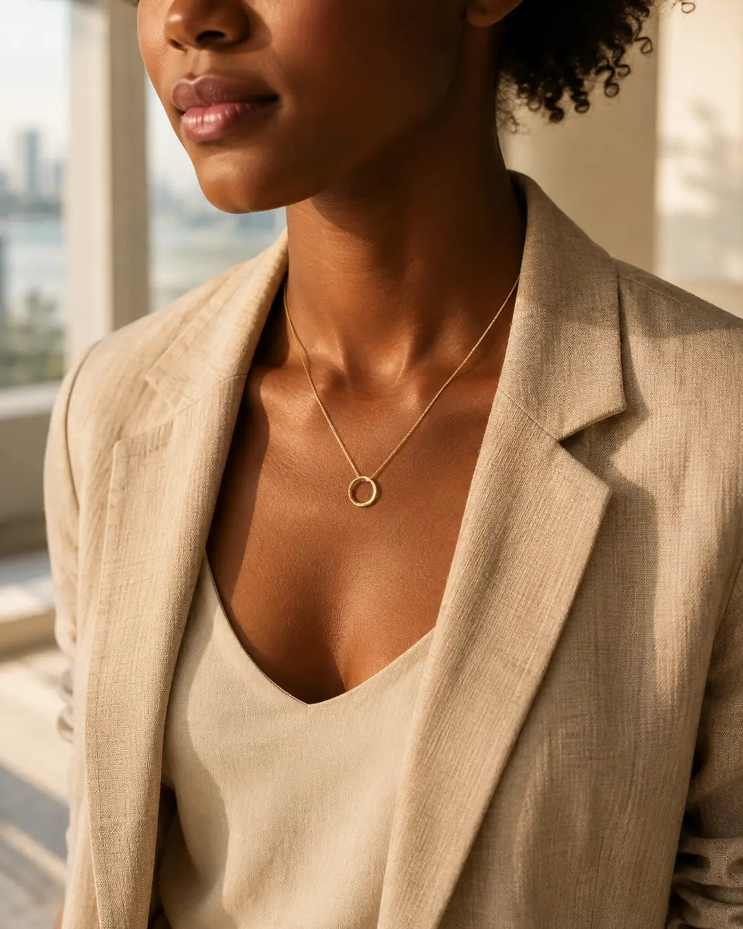 Editorial model wearing the Organic Circle Pendant Necklace in gold-filled finish