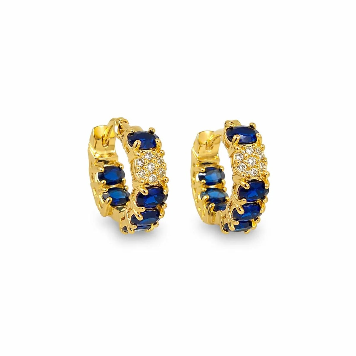 Blue and clear pavé CZ huggie hoop earrings in gold finish