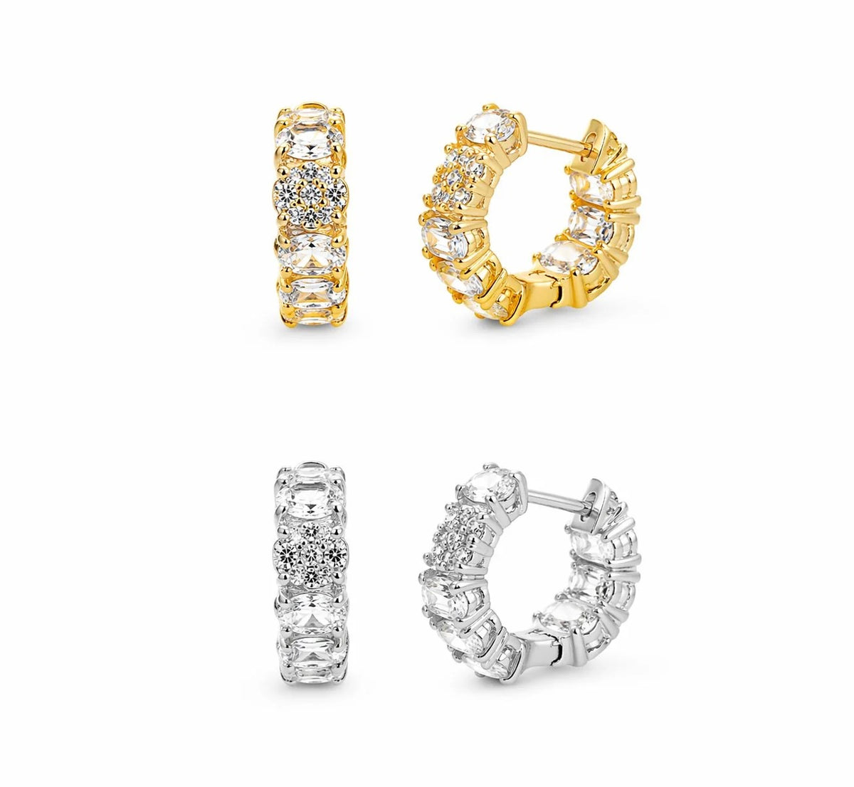 Clear pavé and oval CZ huggie hoop earrings in gold and rhodium finishes