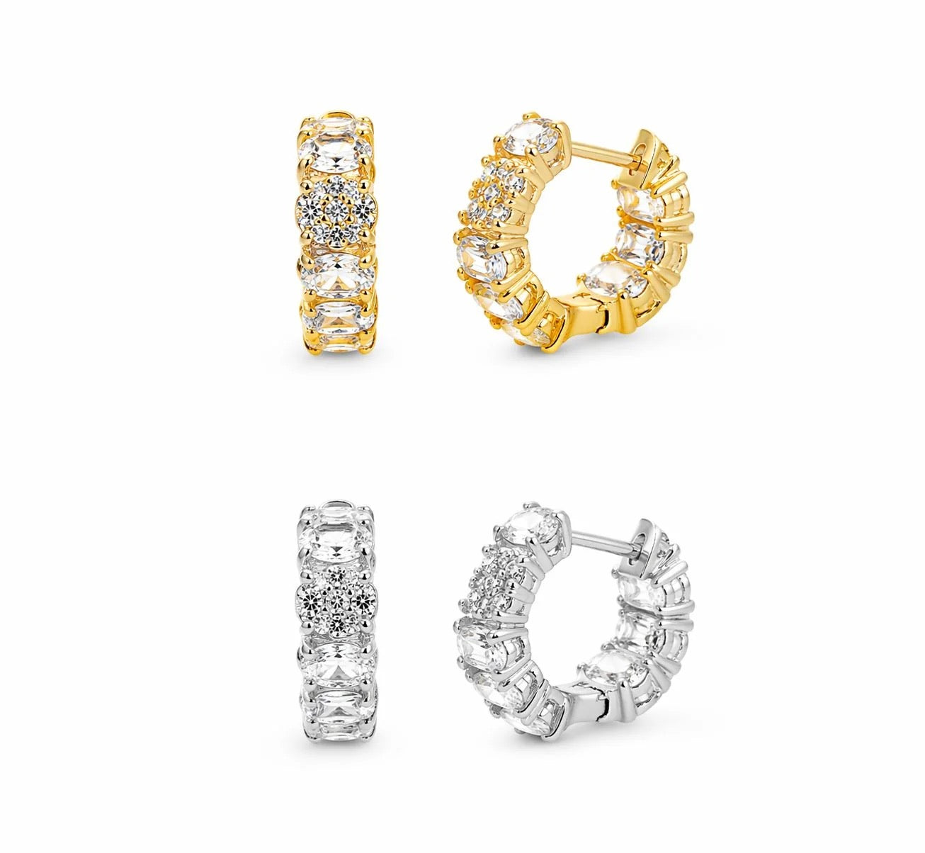 Clear pavé and oval CZ huggie hoop earrings in gold and rhodium finishes