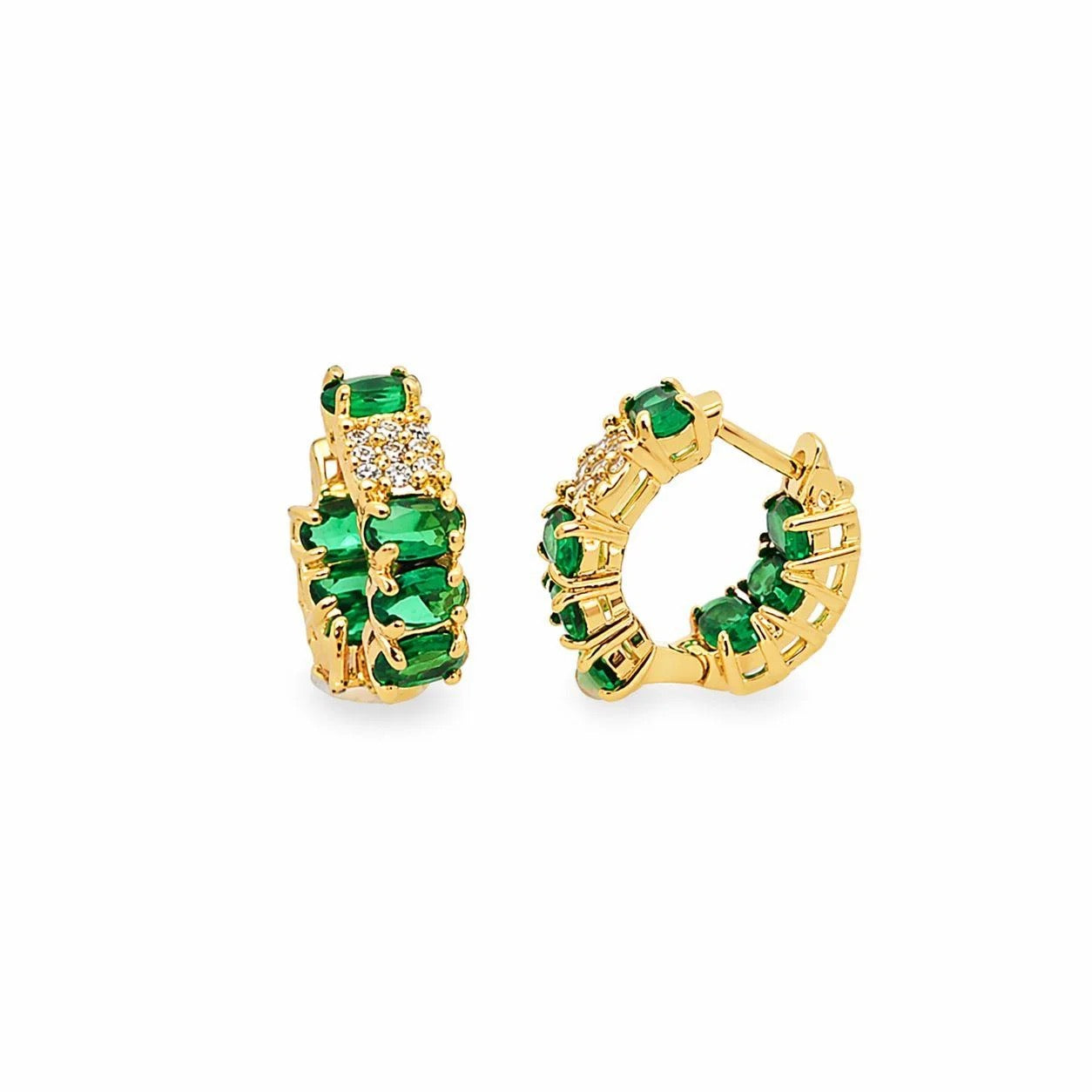 Green and clear pavé CZ huggie hoop earrings in gold finish